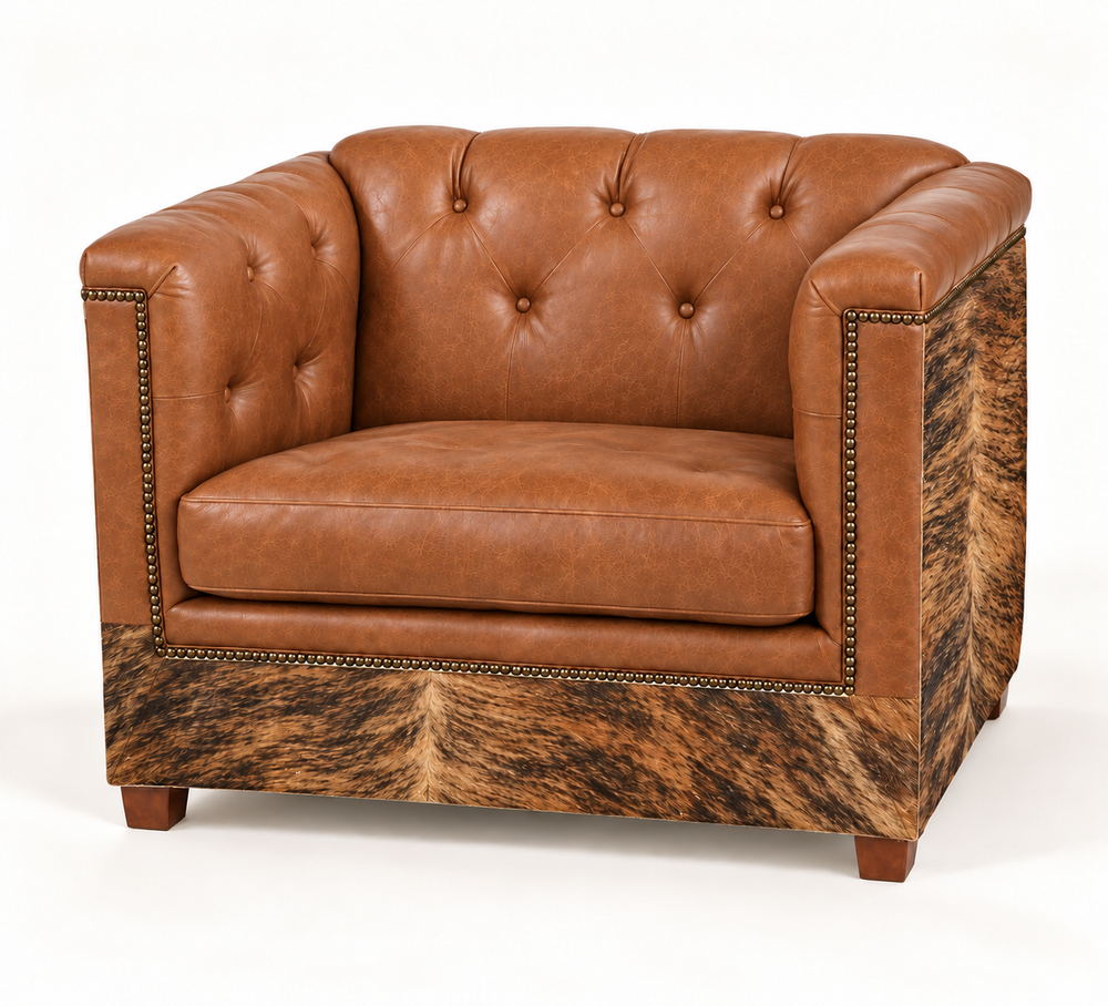 Batch N° 26 Mezcal Chair & a Half in tan leather and Brindle cowhide — design rendering