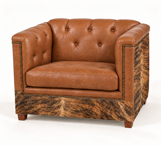 Batch N° 26 Mezcal Chair &amp; a Half in tan leather and Brindle cowhide — design rendering