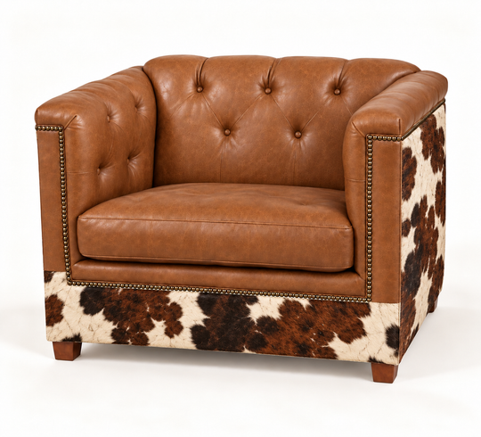 Batch N° 26 Mezcal Chair &amp; a Half in tan leather and Tri Color cowhide — design rendering