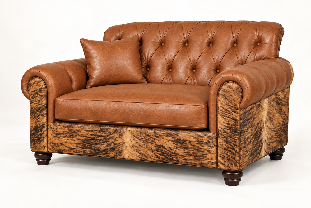 Batch N° 26 Pops Chair 1/2 in tan leather and Brindle cowhide — design rendering