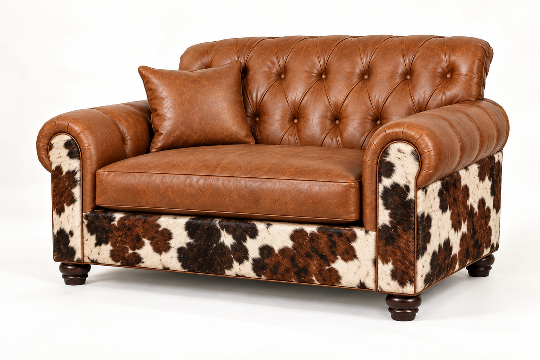 Batch N° 26 Pops Chair 1/2 in tan leather and Tri Color cowhide — design rendering