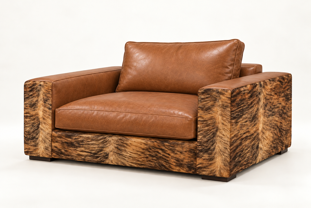 Batch N° 26 Penny Chair in tan leather and Brindle cowhide — design rendering