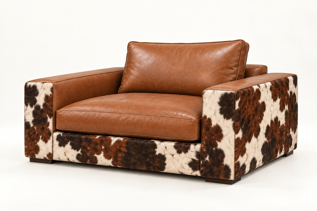 Batch N° 26 Penny Chair in tan leather and Tri Color cowhide — design rendering