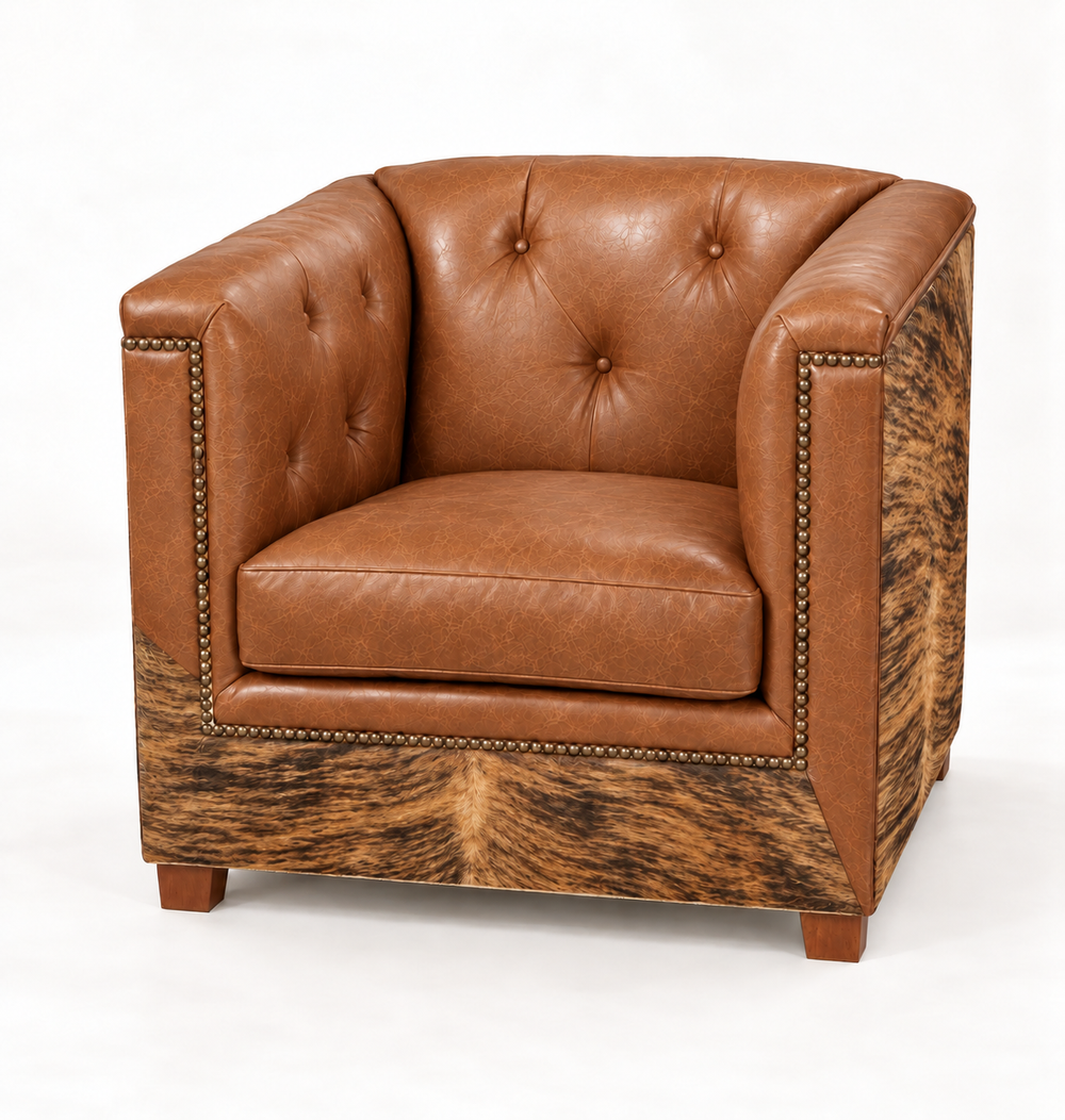 Batch N° 26 Mezcal Chair in tan leather and Brindle cowhide — design rendering