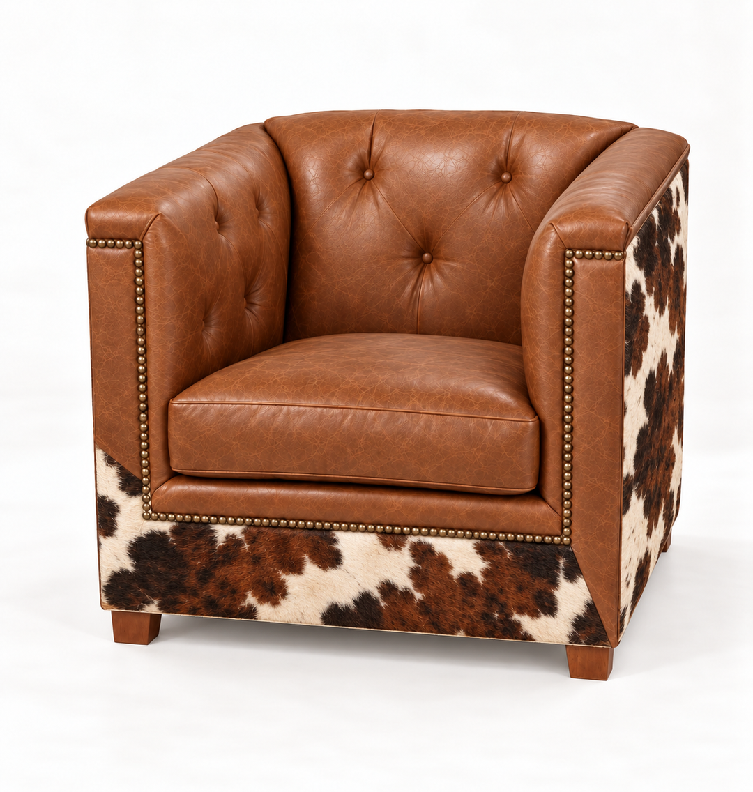 Batch N° 26 Mezcal Chair in tan leather and Tri Color cowhide — design rendering