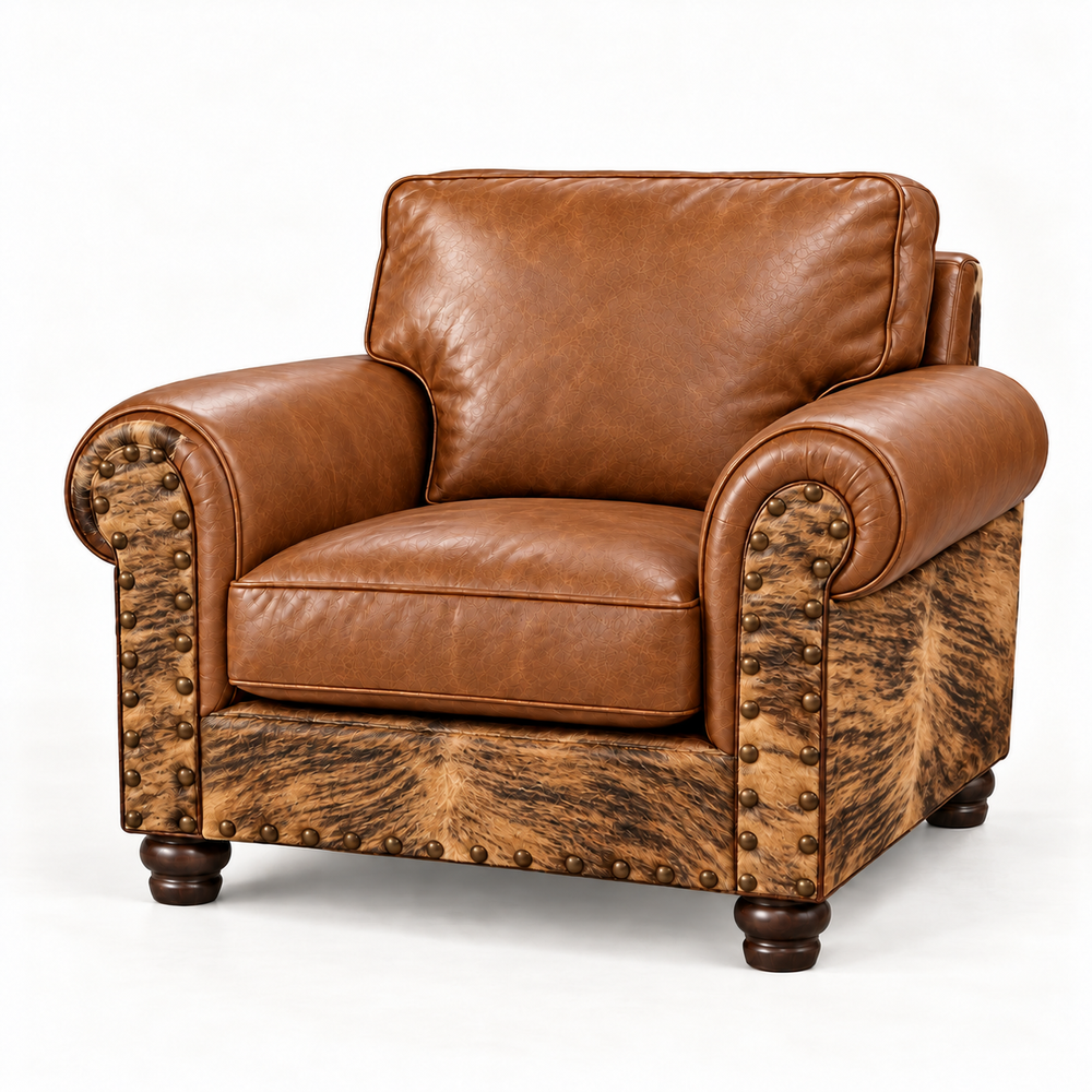 Batch N° 26 Tilly Chair in tan leather and Brindle cowhide — design rendering