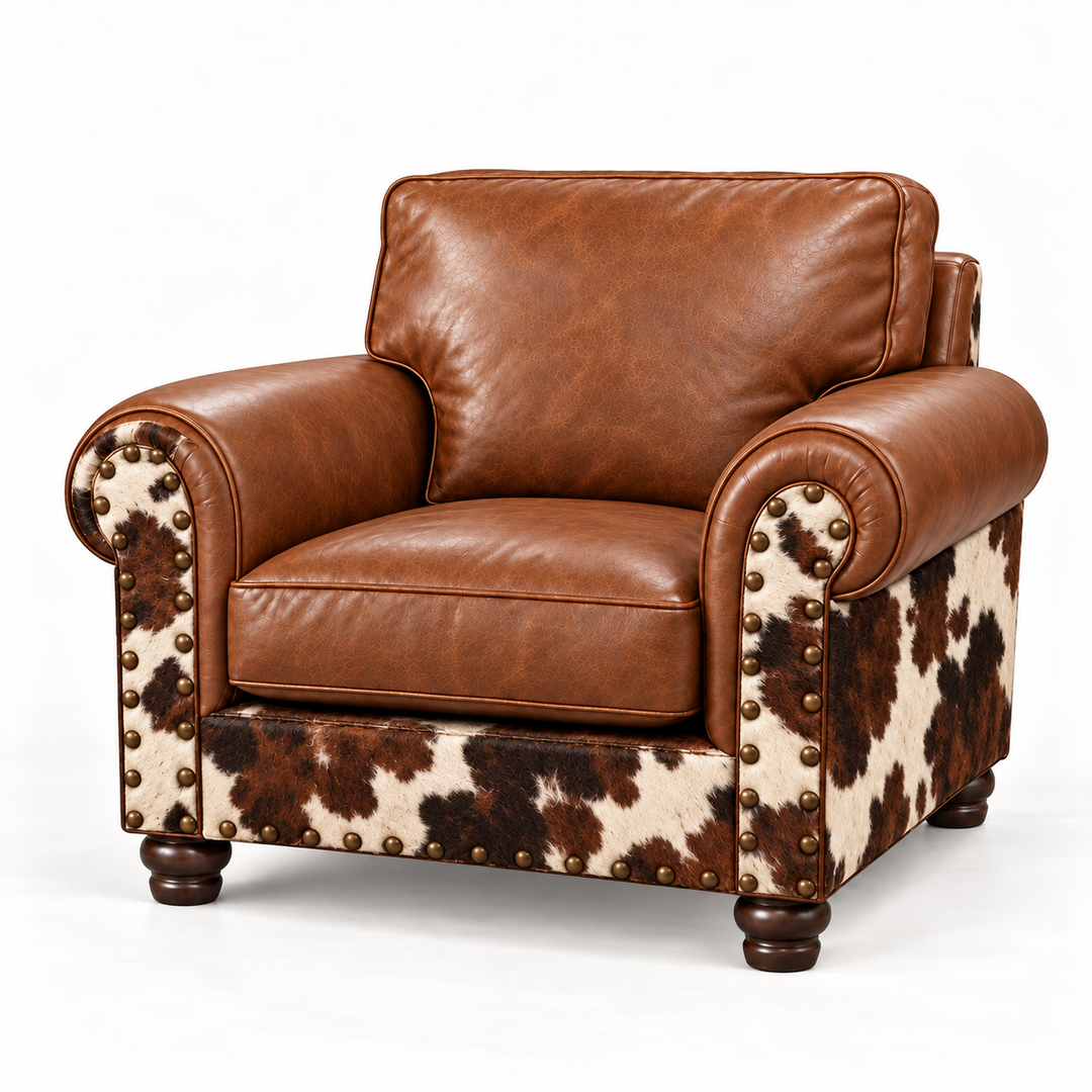 Batch N° 26 Tilly Chair in tan leather and Tri Color cowhide — design rendering