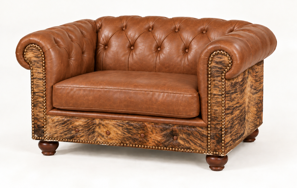 Batch N° 26 Cowboss Chair 1/2 in tan leather and Brindle cowhide — design rendering