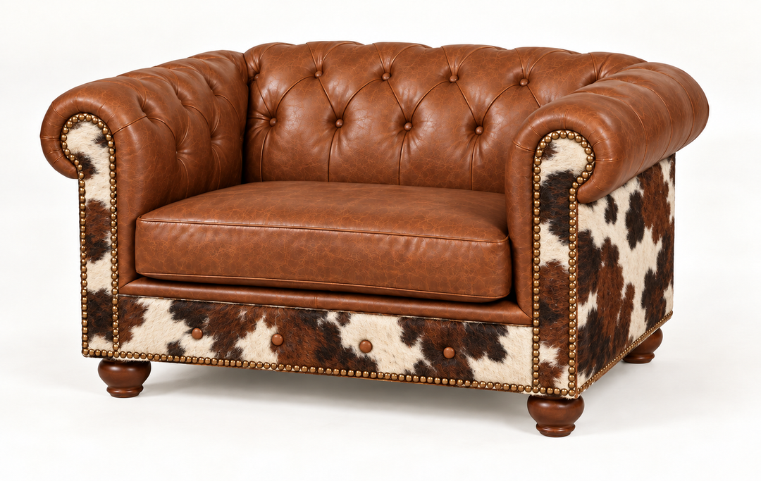 Batch N° 26 Cowboss Chair 1/2 in tan leather and Tri Color cowhide — design rendering