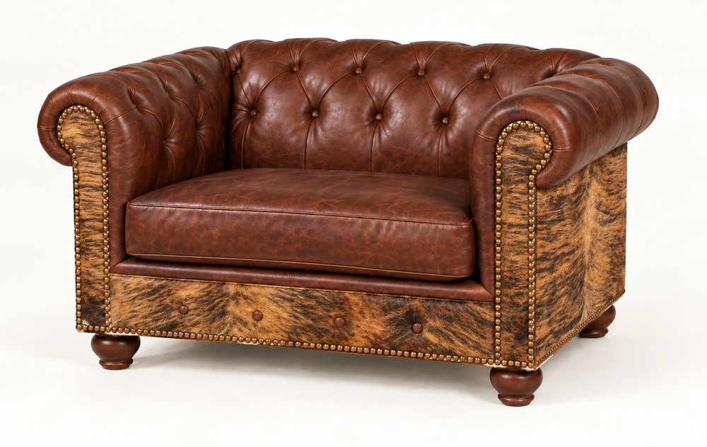 Batch N° 28 Cowboss Chair 1/2 — Brindle cowhide and dark chocolate leather — design rendering