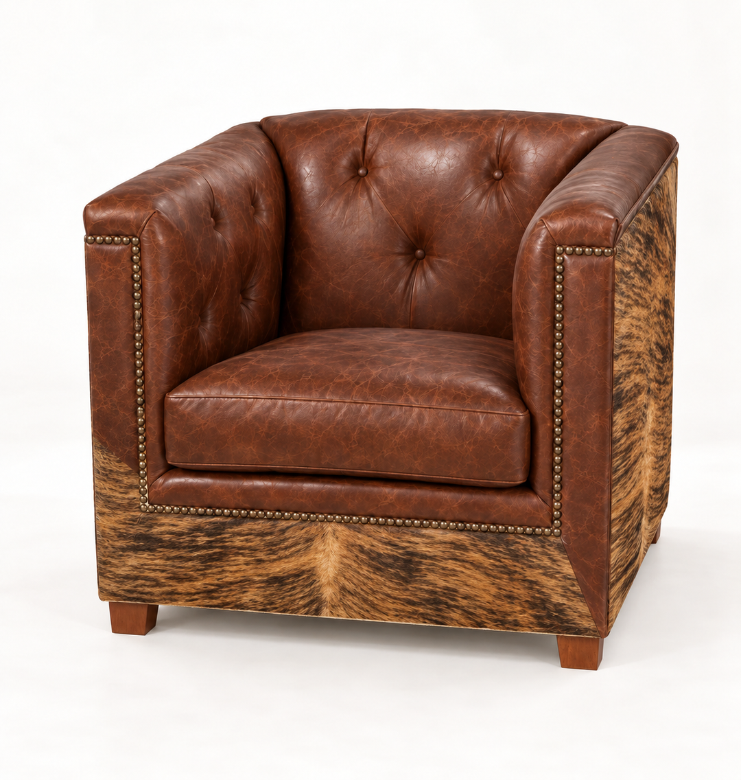 Batch N° 28 Mezcal Chair — Brindle cowhide and dark chocolate leather — design rendering