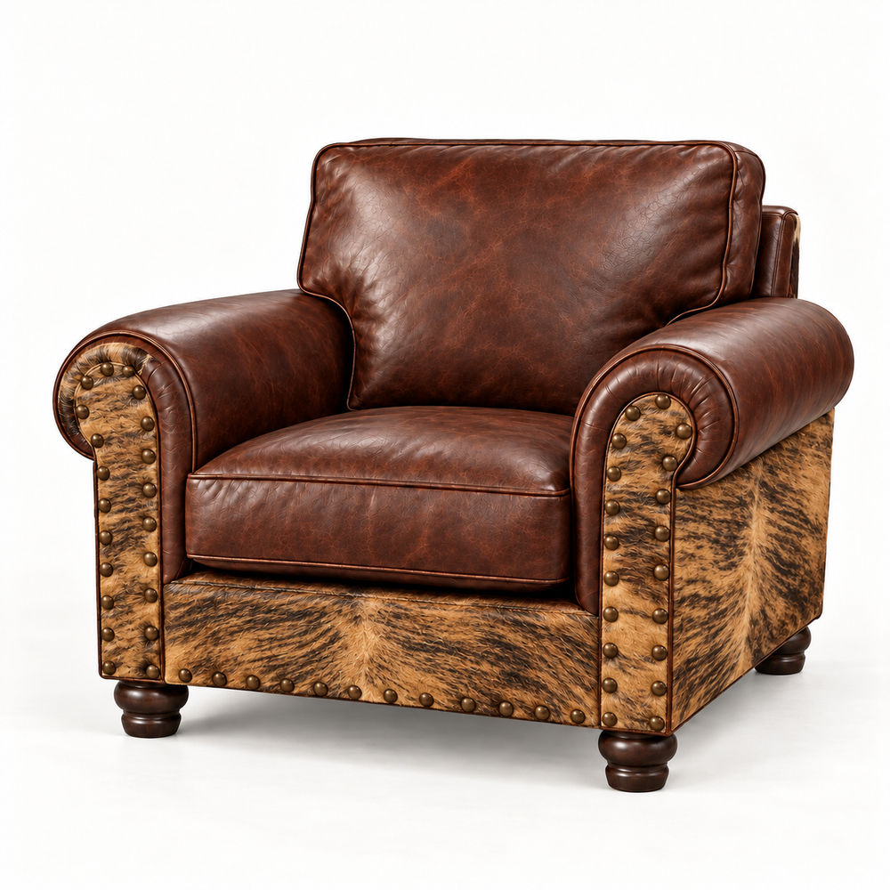 Batch N° 28 Tilly Chair — Brindle cowhide and dark chocolate leather — design rendering