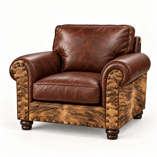 Batch N° 28 Tilly Chair — Brindle cowhide and dark chocolate leather — design rendering