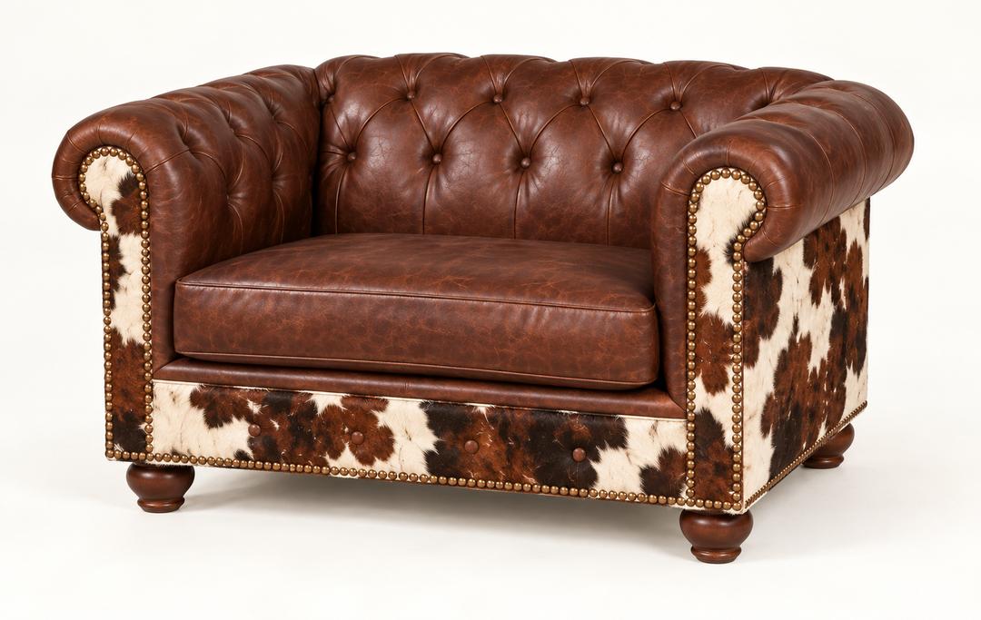 Batch N° 28 Cowboss Chair 1/2 in Bandwagon Dark Chocolate leather and tri-color cowhide — design rendering