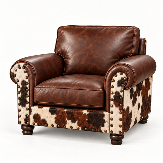 Batch no 28 Tilly Chair in Bandwagon Dark Chocolate leather and tri-color cowhide — design rendering