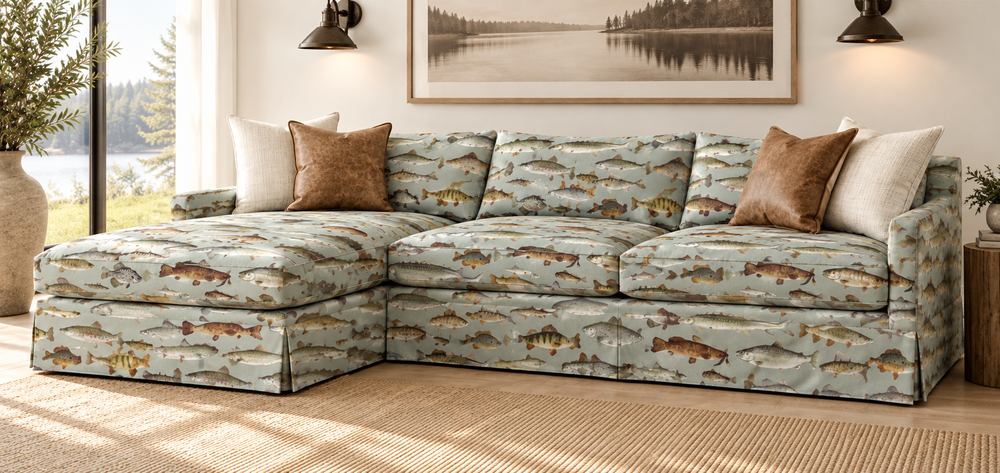 Three-quarter rendering of the Gone Fishin’ sofa and left-side chaise; fabric placement is illustrative.