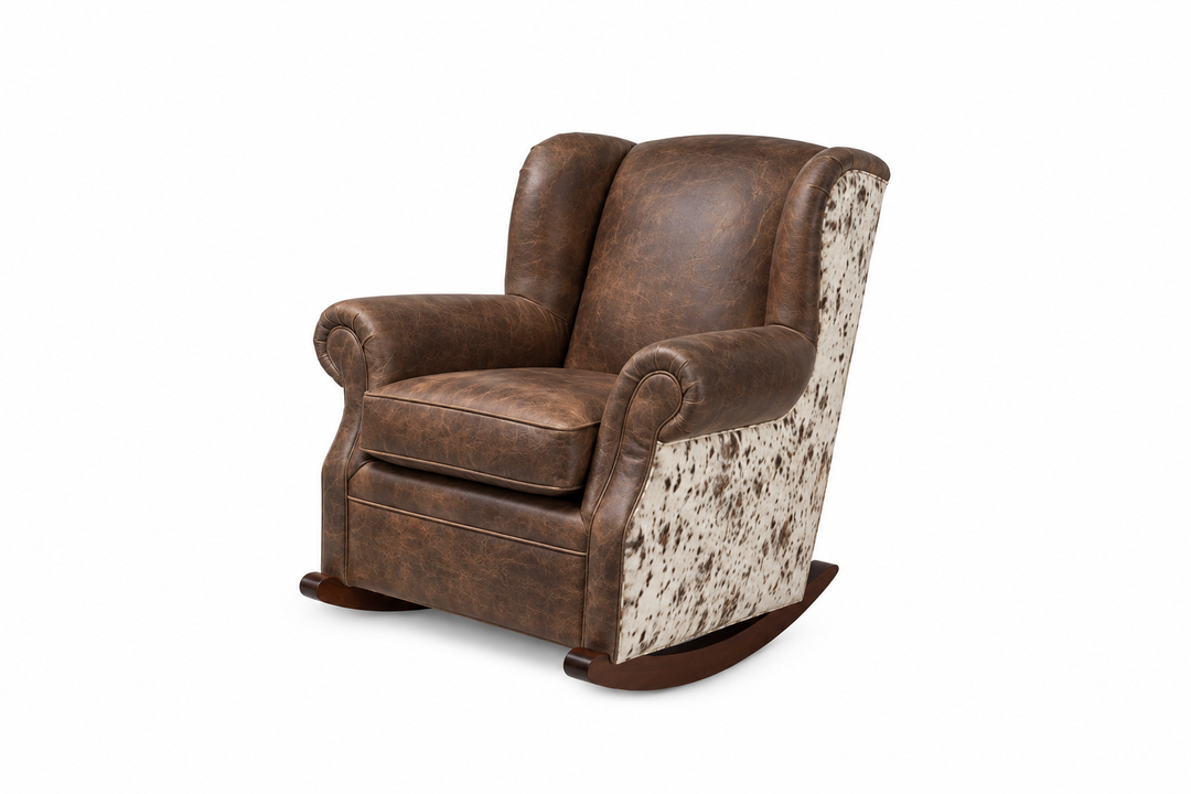 Baker 595 Rocker in Weathered Brown leather with speckled cowhide — design rendering