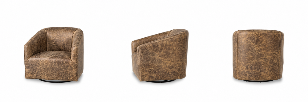 Boots chair in Old West Hacienda leather, front, side and rear product renderings; one chair shown from three angles