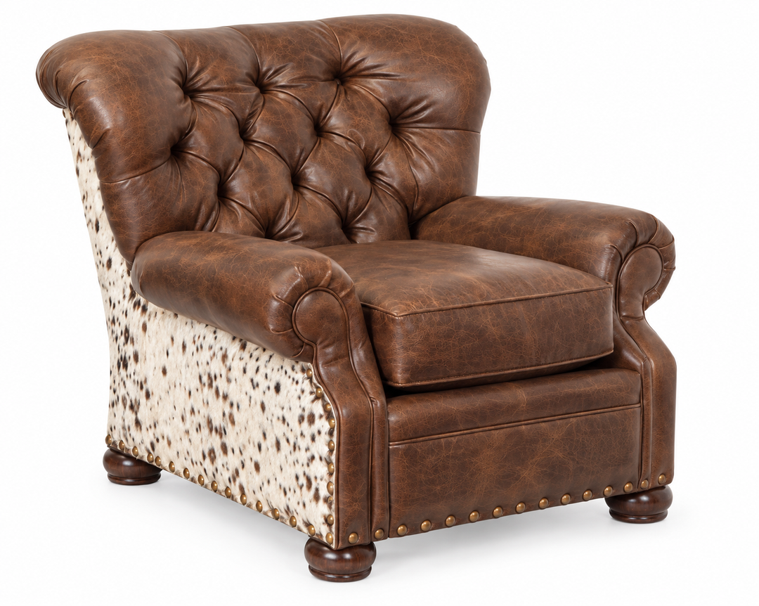 Brentwood 756 Press Back Chair in Weathered Brown leather with speckled cowhide — design rendering