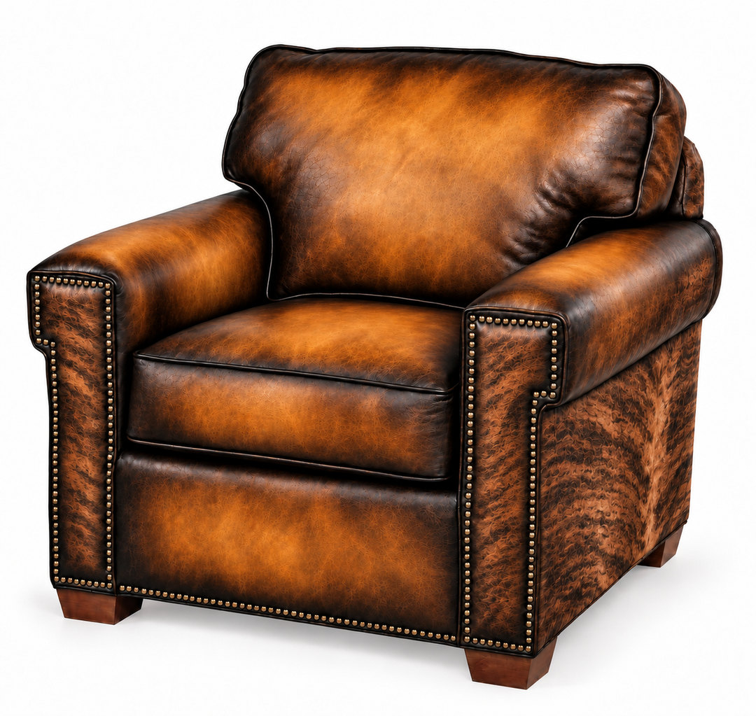 The Perfect Chair Light Tan Whiskey Barrel + Brindle Hide rendering