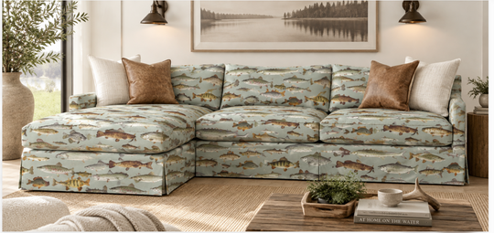 Gone Fishin’ fish print sofa with a chaise on the left side of the image, styled in a bright lakeside room