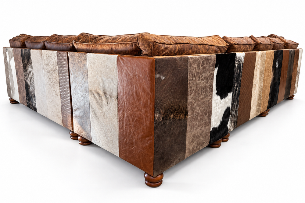 Patchwork leather and hair-on cowhide back of the Cowboy Patchwork Sectional