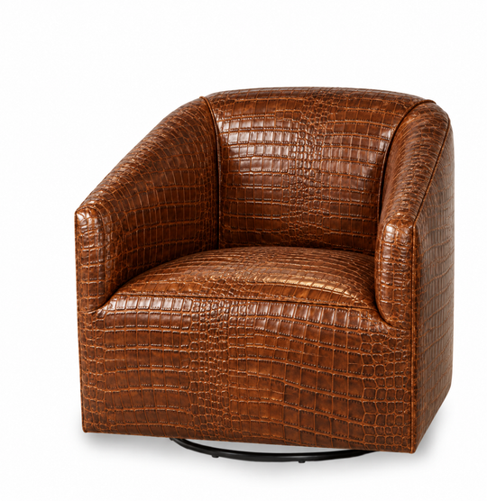 Approved design rendering: one rich brown croc-embossed leather barrel swivel chair, front view