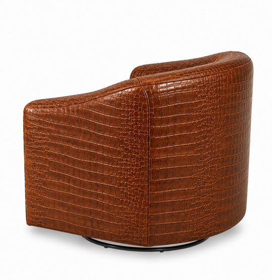Illustrative product rendering: rear three-quarter view of one barrel swivel chair with brown croc-embossed leather throughout