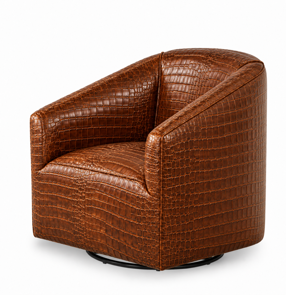 Illustrative product rendering: one rich brown croc-embossed leather barrel swivel chair from the side and front