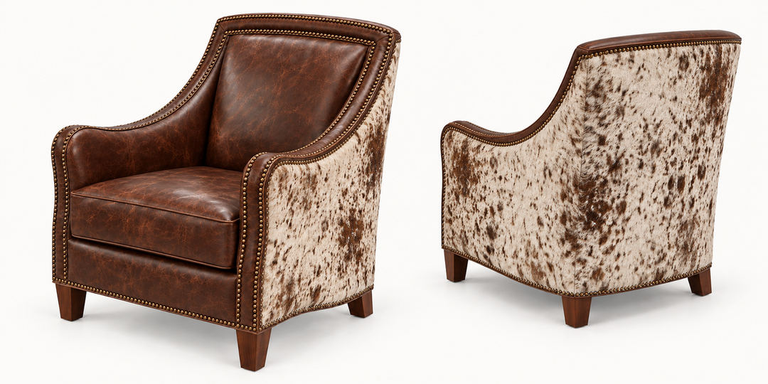 Daisy Chair in rich burnished brown leather with cream-and-brown speckled hair-on cowhide on the outside arms and full outer back; front and rear views of one chair.