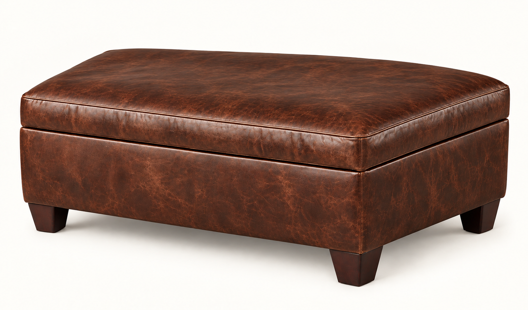 Dallas Storage Ottoman in Gunslinger Mustang — soft studio lighting — illustrative rendering