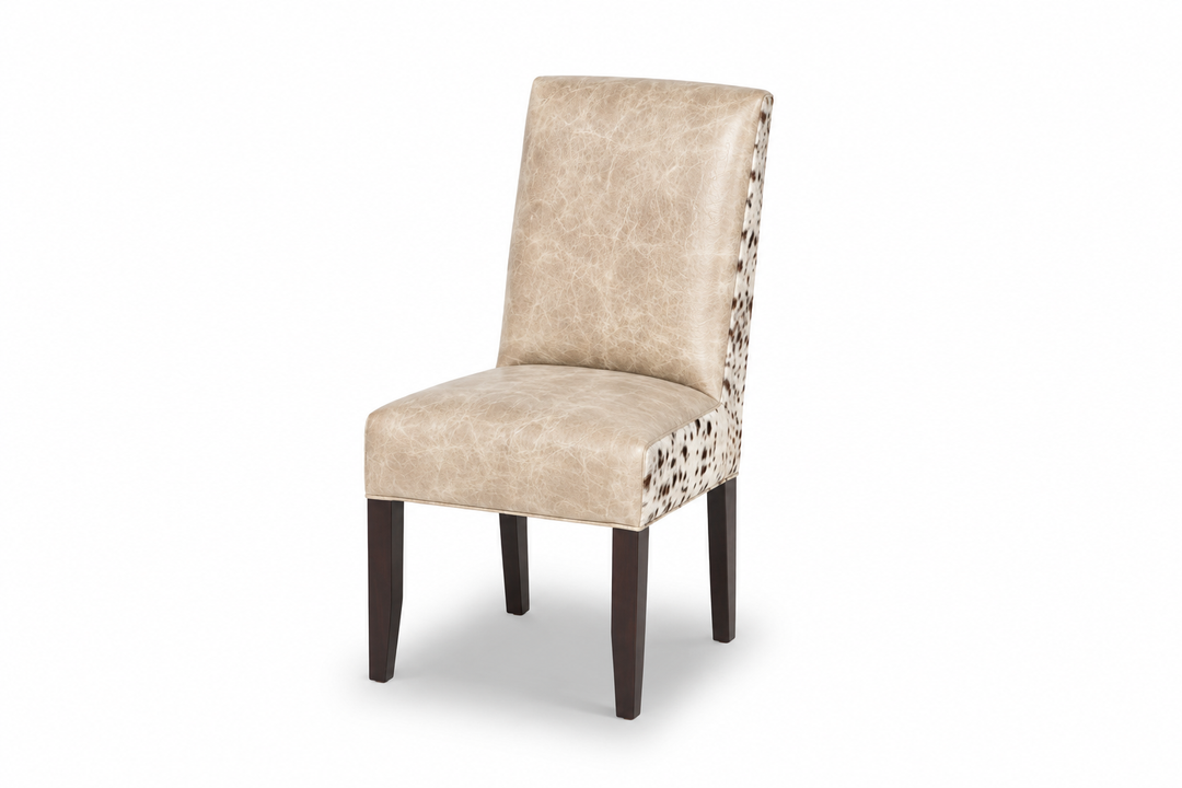 Emily 938 Parsons Chair in Ivory leather with speckled cowhide — design rendering