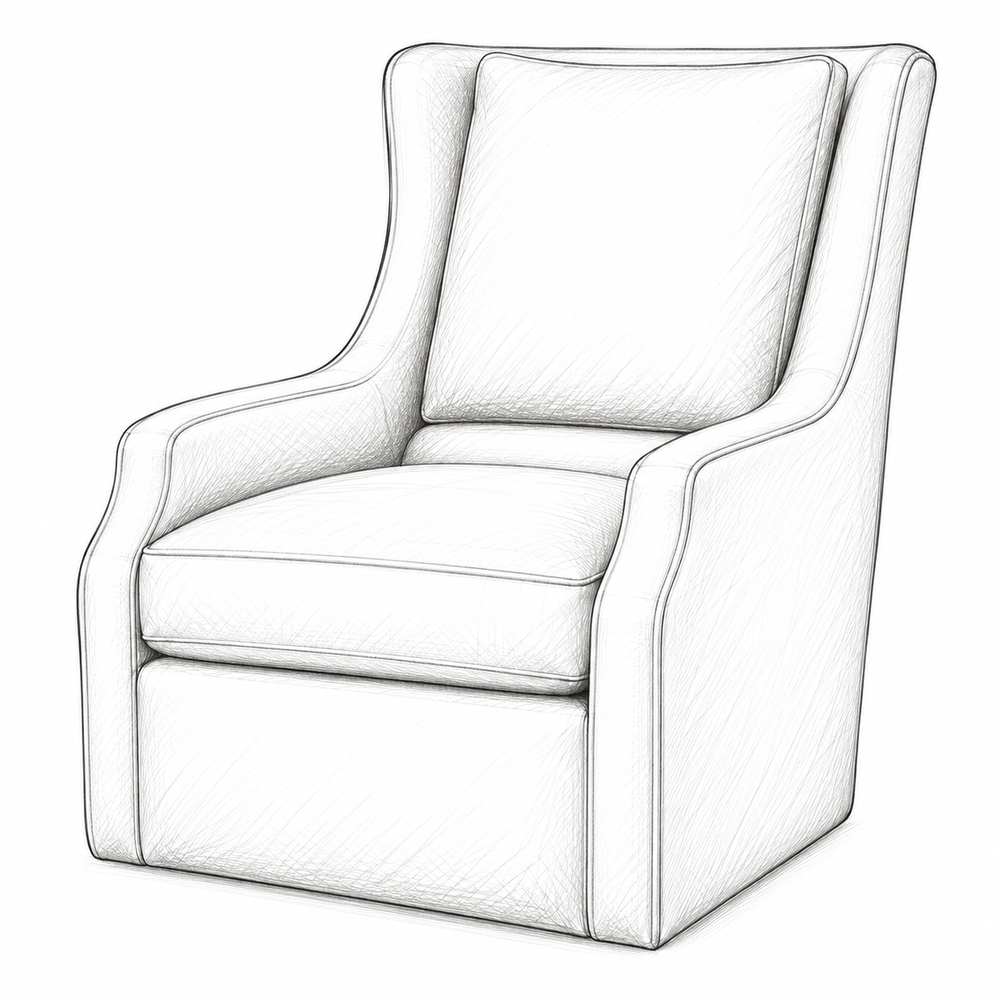 Unfinished graphite frame sketch of solana swivel glider, showing blank upholstery for customization
