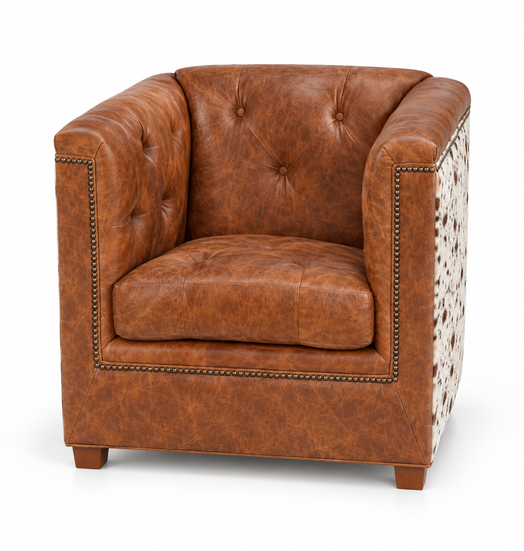 Greyson 922 Chair in Cognac leather with speckled cowhide — design rendering