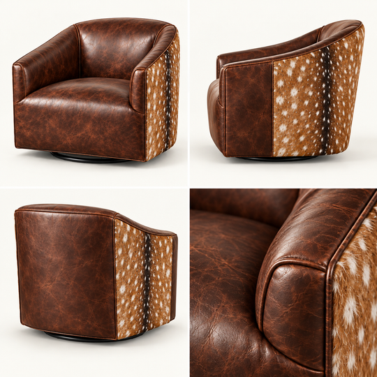Cattlehouse studio four-view gallery — Hide &amp; Seek — Axis Hide &amp; Gunslinger Mustang Leather Swivel Chair; order=front,rear,side,detail — illustrative renderings
