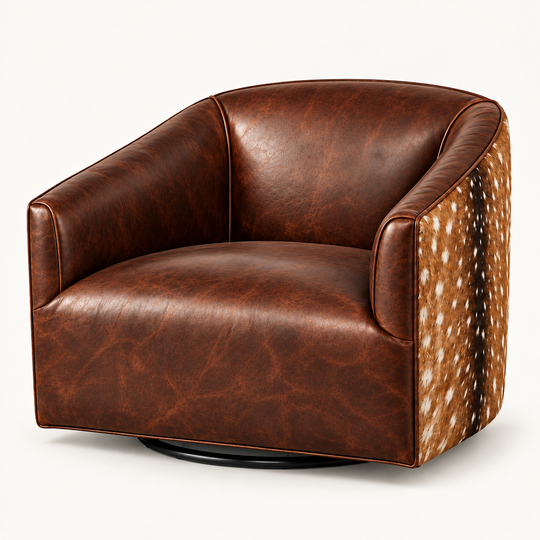 Hide &amp; Seek — Axis Hide &amp; Gunslinger Mustang Leather Swivel Chair in Gunslinger Mustang — soft studio lighting — illustrative rendering