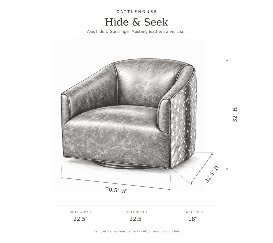 Hide &amp; Seek hand pencil sketch with Rambler dimensions: 30.5 inches wide, 32.5 inches deep, 32 inches high; seat 22.5 inches wide and deep, 18 inches high