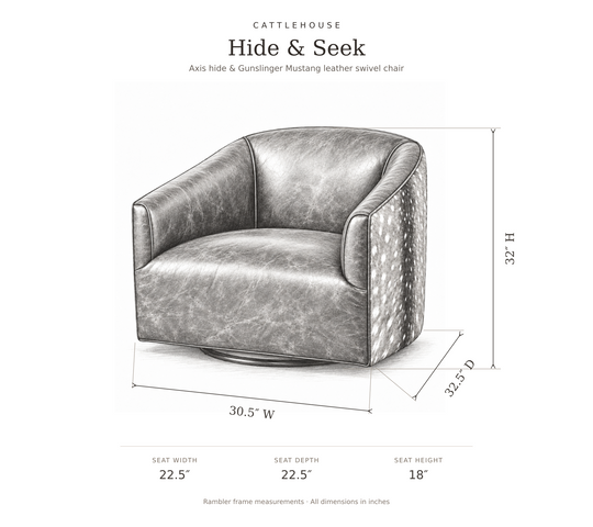 Hide &amp; Seek hand pencil sketch with Rambler dimensions: 30.5 inches wide, 32.5 inches deep, 32 inches high; seat 22.5 inches wide and deep, 18 inches high