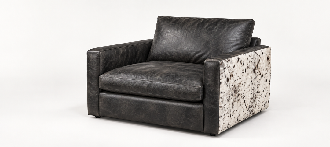 Just Modern One Chair and Half in Charcoal leather with speckled cowhide — design rendering