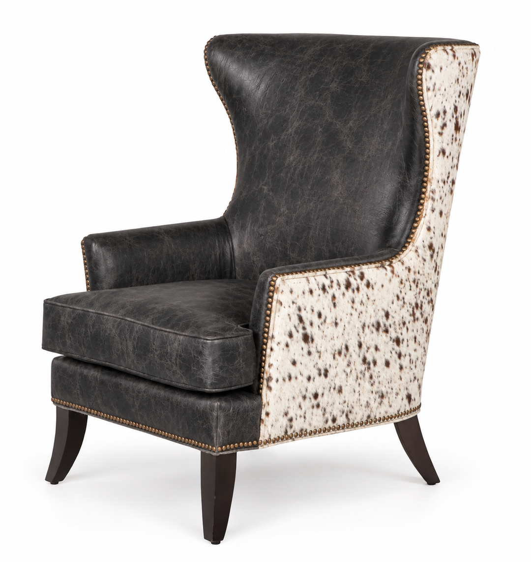 Ozark 953 Wing Back Chair in Charcoal leather with speckled cowhide — design rendering