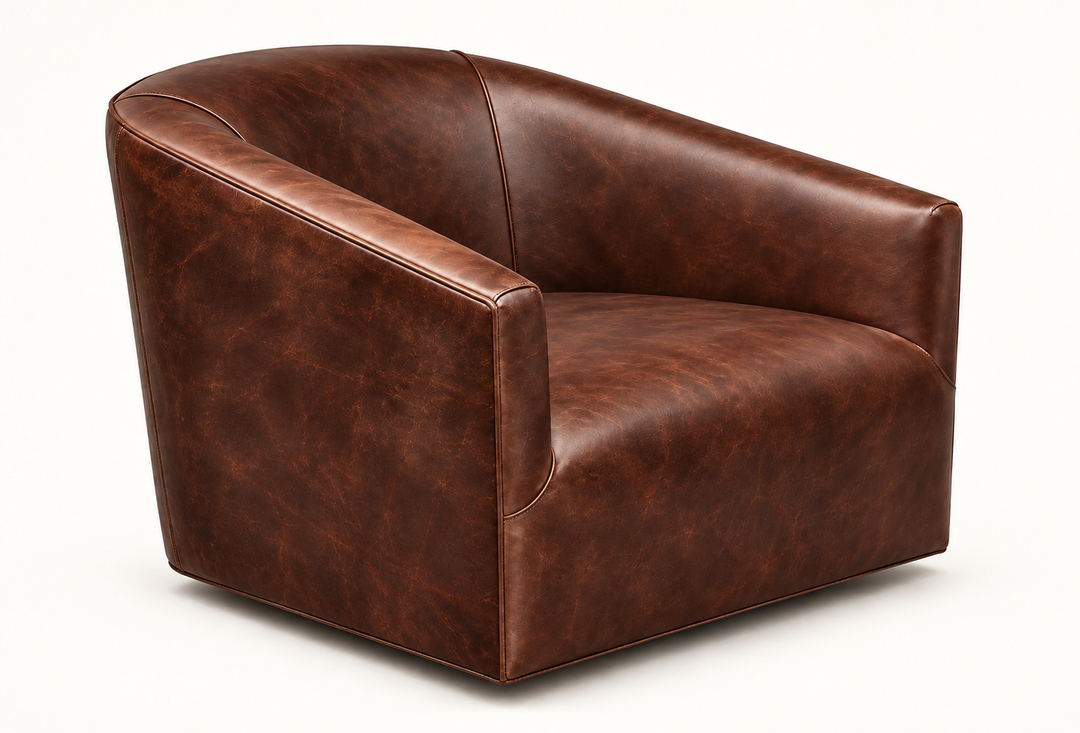 Rambler Swivel Chair in Gunslinger Mustang — soft studio lighting — illustrative rendering