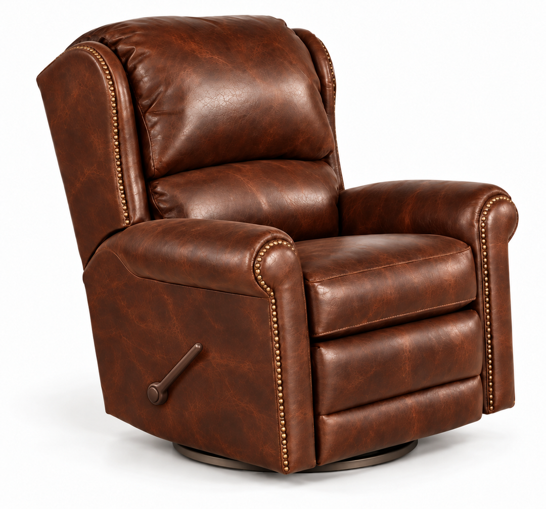 Saloon Swivel Recliner with manual reclining side handle, chestnut leather and brass nailheads — illustrative rendering