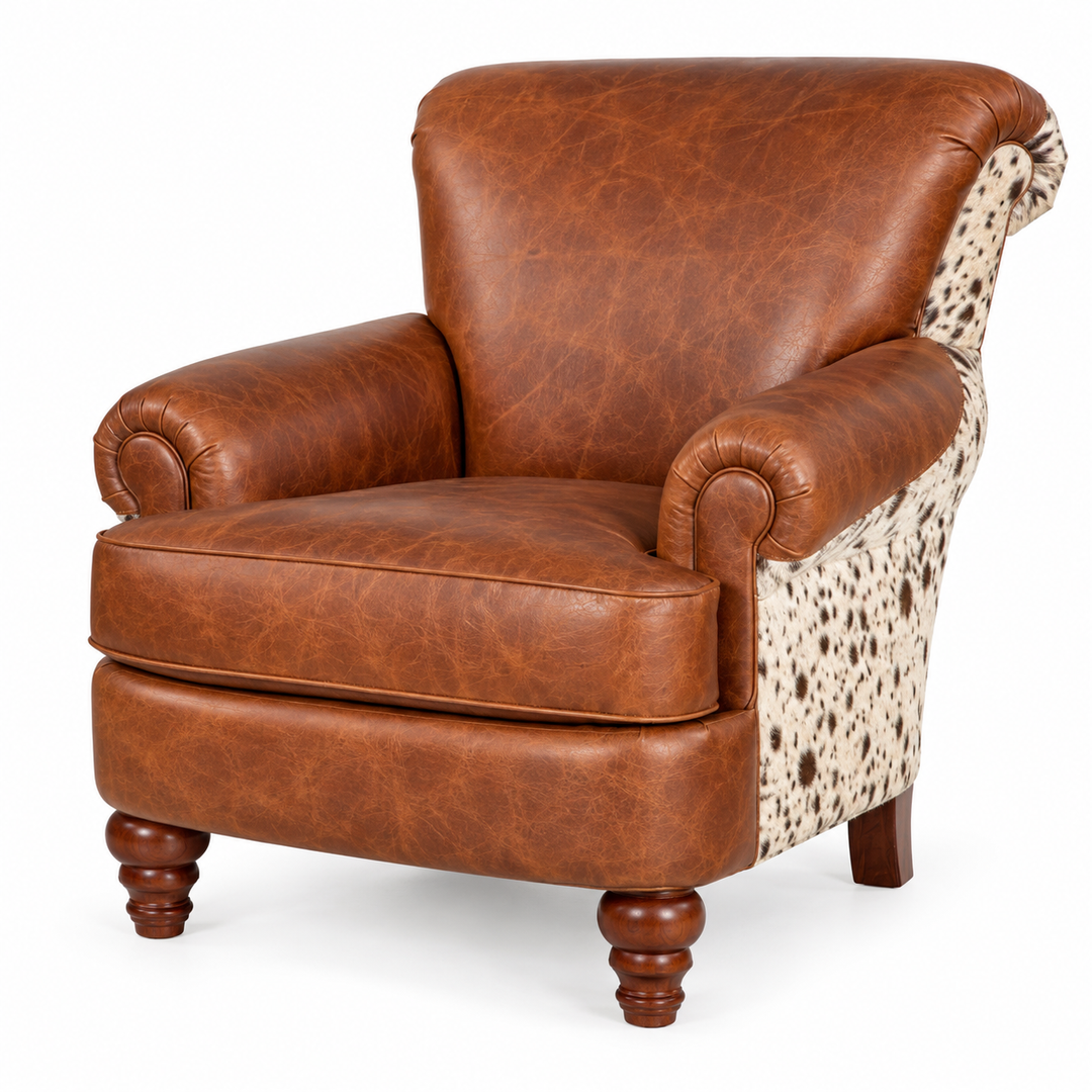 Simon 504 Chair in Cognac leather with speckled cowhide — design rendering