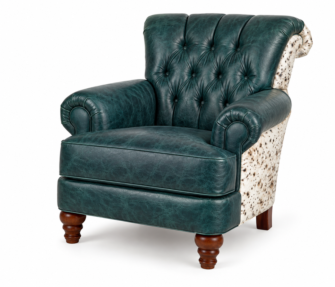 Sampson 494 Chair in Teal leather with speckled cowhide — design rendering