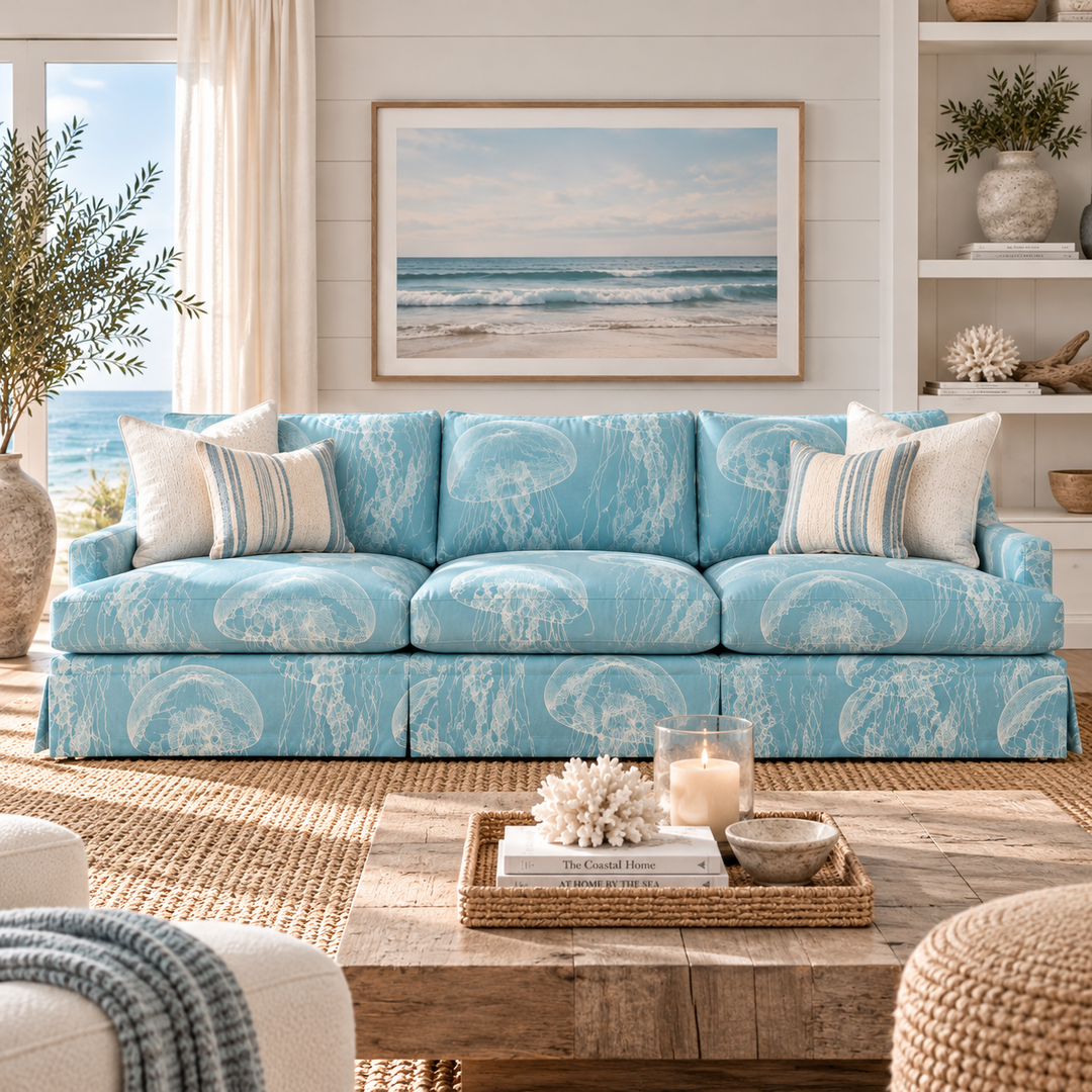 Scottsdale sofa in sea-blue fabric with ivory jellyfish artwork, three seat cushions, and a tailored skirt.