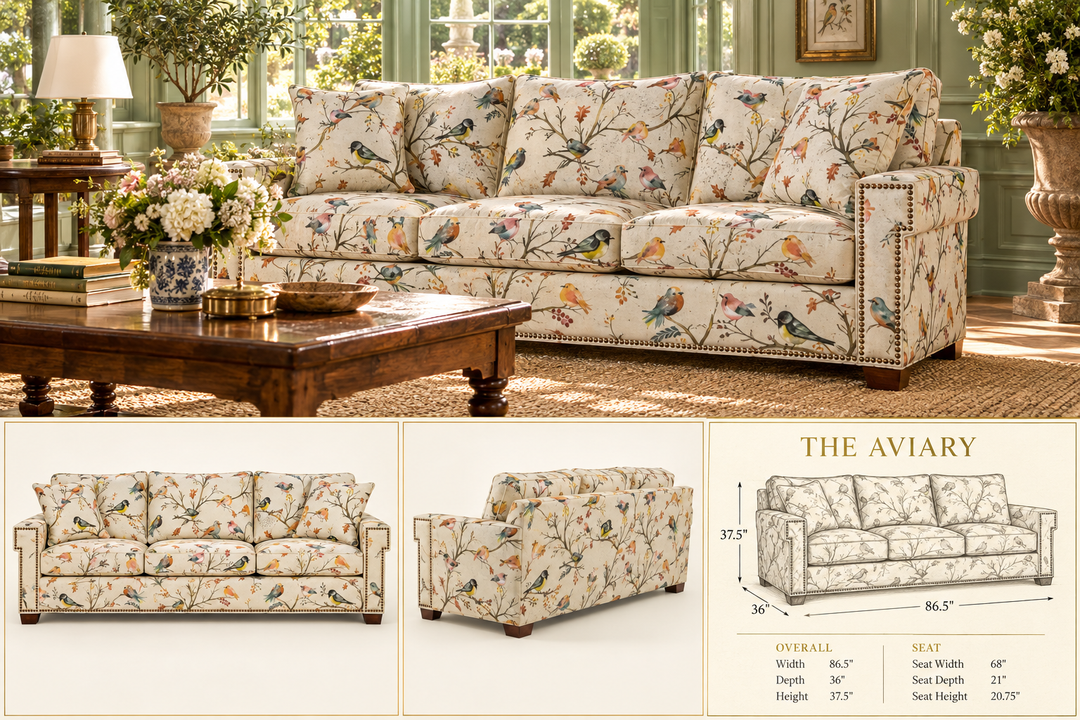 The Aviary bird textile sofa with key arms and brass nailheads: styled conservatory scene, front and back views, and dimension sketch