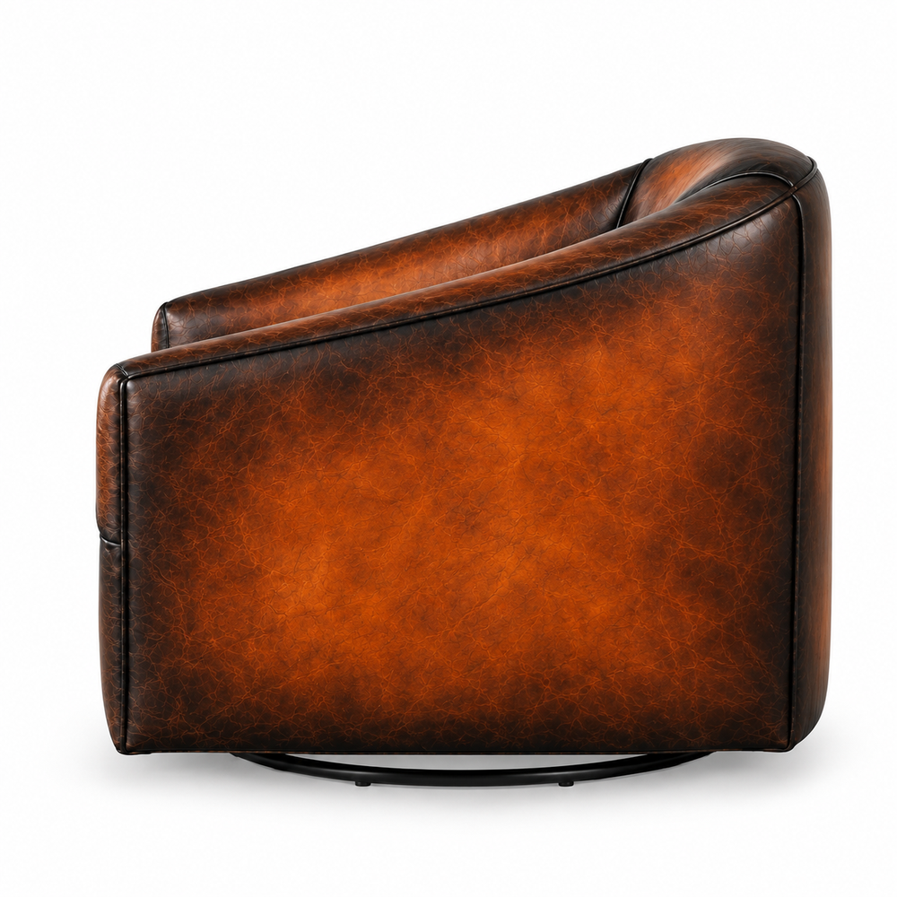 Tops Whiskey Barrel Swivel Chair from the side, cognac leather with black-burnished seams and edges; illustrative product rendering