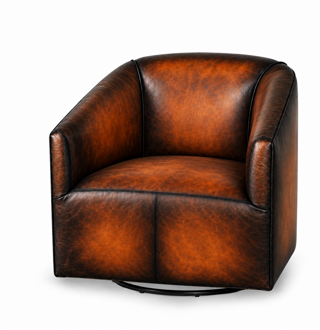 Tops Whiskey Barrel Swivel Chair in warm cognac leather with deeply burnished black seams and edges; product rendering