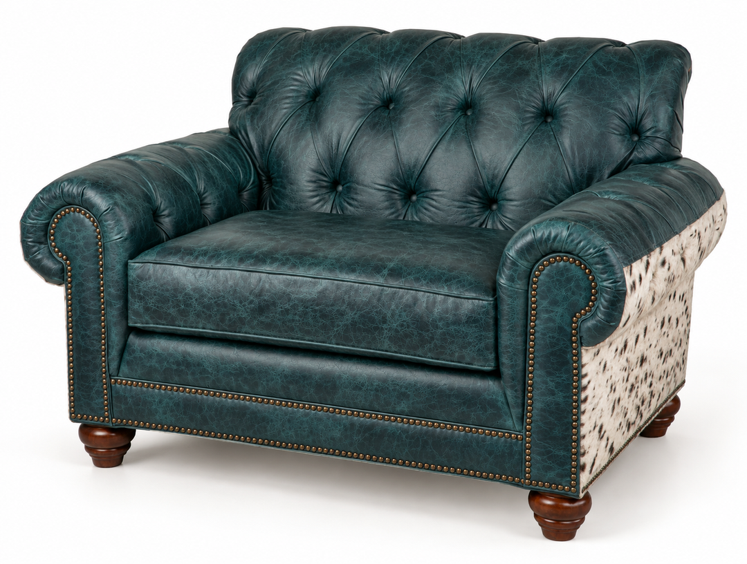 Vivienne 798 Chair 1/2 in Teal leather with speckled cowhide — design rendering