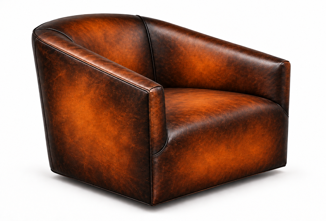 WB-044: The Original Rambler frame in all-leather Whiskey Barrel finish, black-burnished seams and warm cognac centers; illustrative rendering